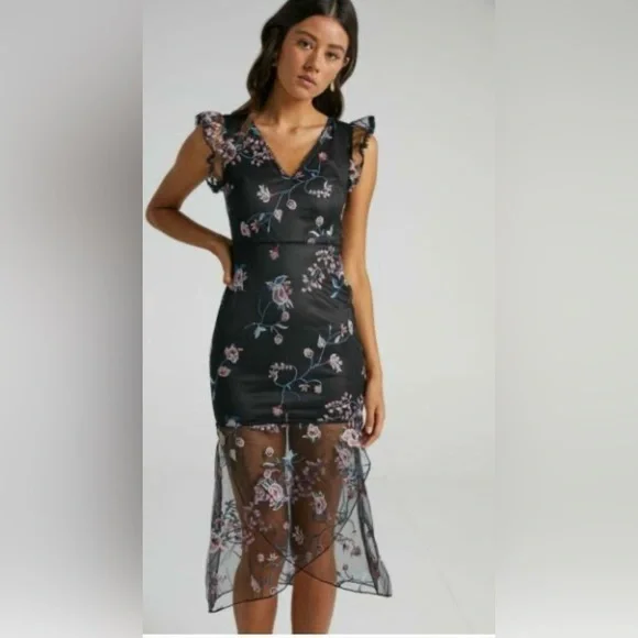 Showpo. | Dresses | Showpo Black Embroidery Floral Print Dress With Sheet  Panel Size 4 | Poshmark